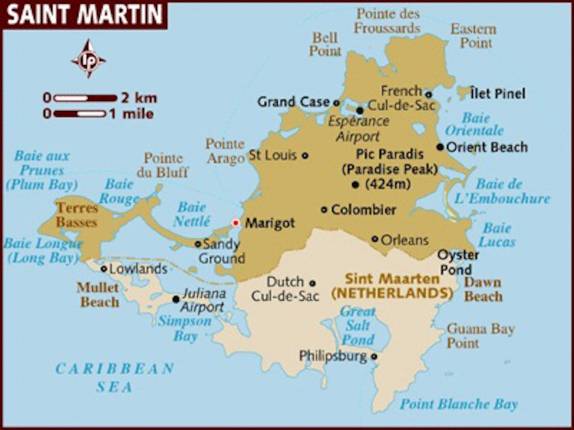 A pequena ilha dividida entre Saint Martin (França) e Sint Maarten (Holanda)